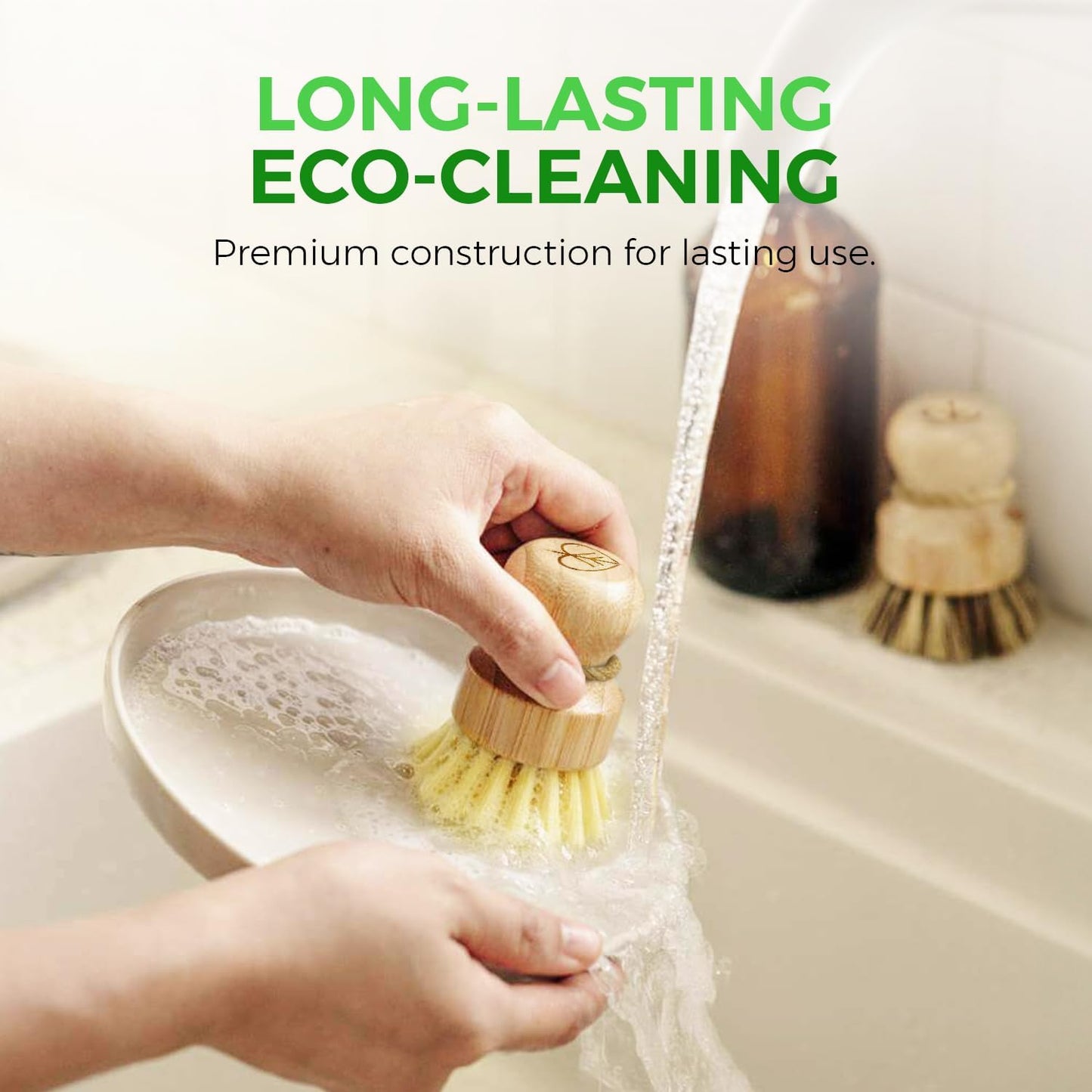 Bamboo Dish Brush Set of 3-100% Plastic Free Kitchen Scrubber with Medium Stiff Sisal and Strong