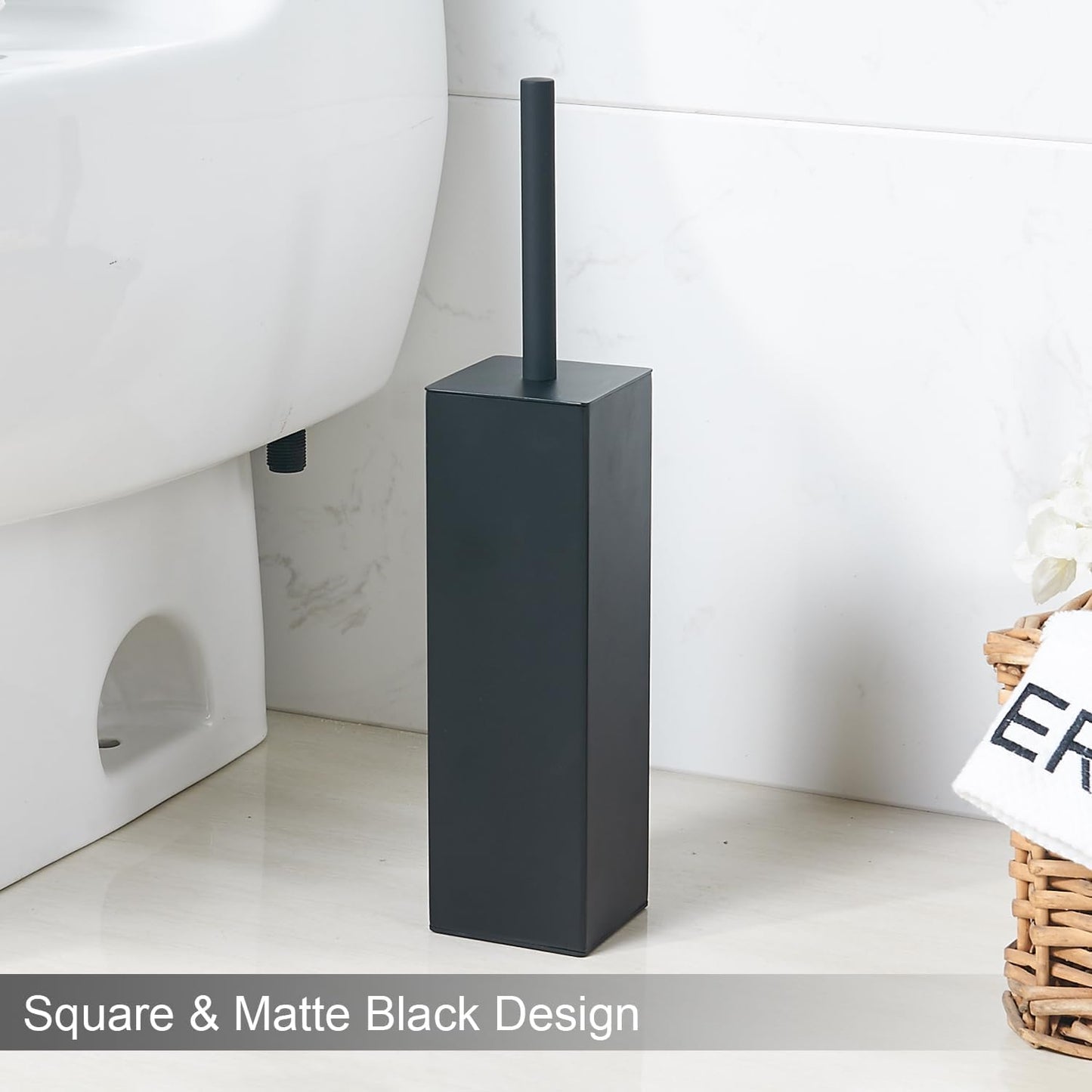 Matte Black Square Stainless Steel Toilet Brush with Holder, 304 Modern Toilet Brush Set – Rust