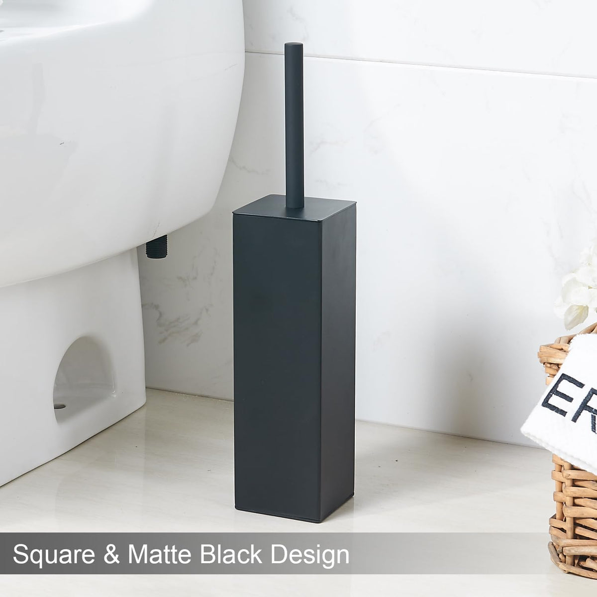 Matte Black Square Stainless Steel Toilet Brush with Holder, 304 Modern Toilet Brush Set – Rust