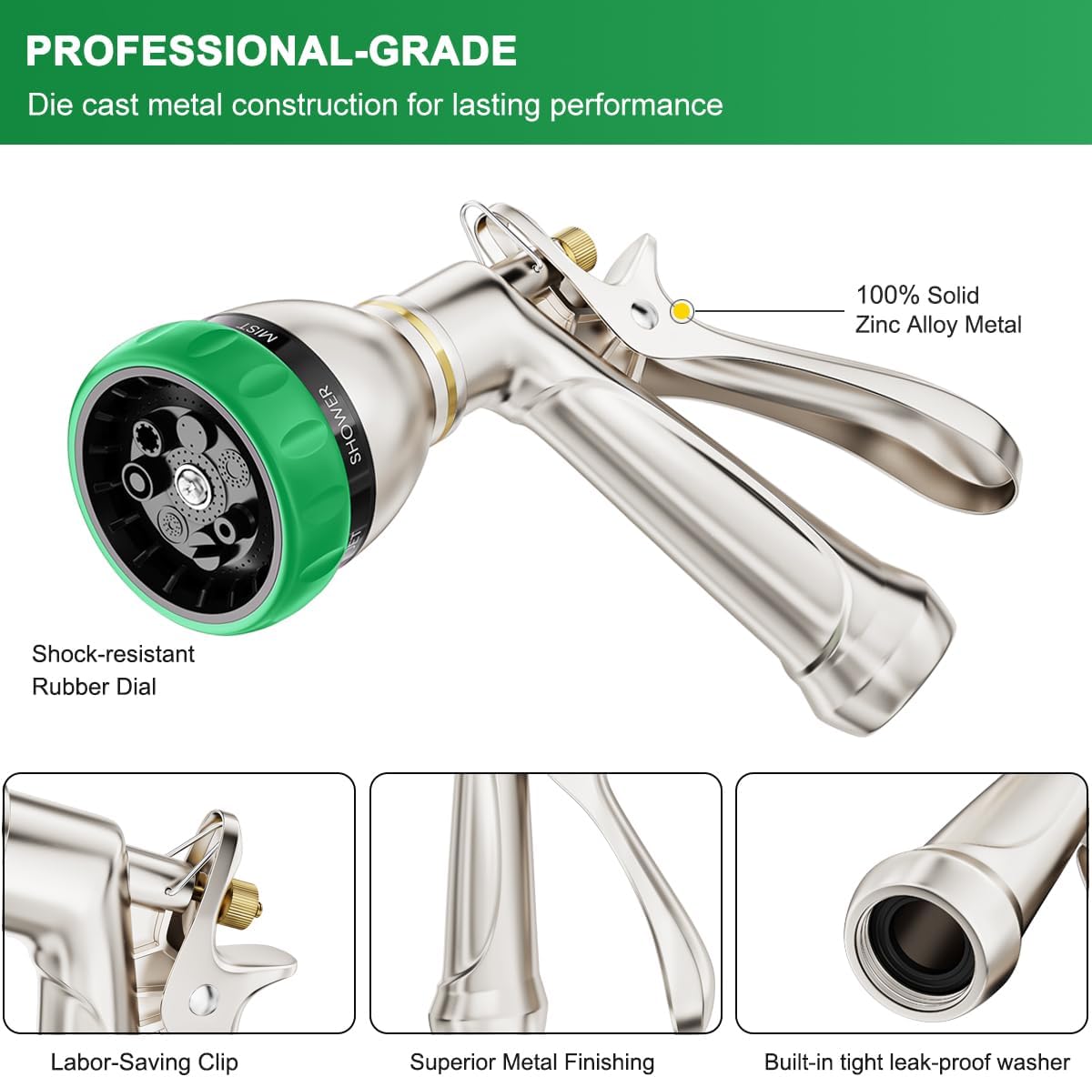 FANHAO Heavy Duty Garden Hose Nozzle, 100% Metal Water Hose Sprayer with 7 Spray Patterns