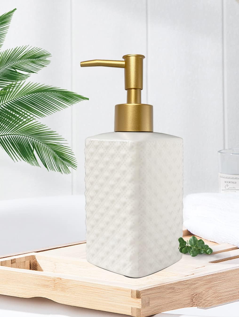 Chic Unique White Soap Dispenser for Bathroom with Golden Pump,Lotion Dispenser, Refillable