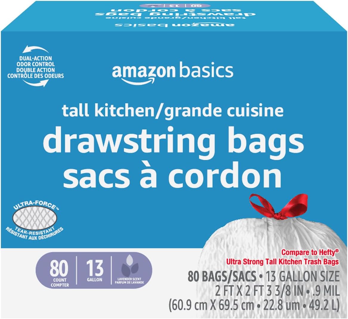 Amazon Basics Ultra-Force Tall Kitchen Drawstring Trash Bags, Lavender Scented, 13 Gallon, 80