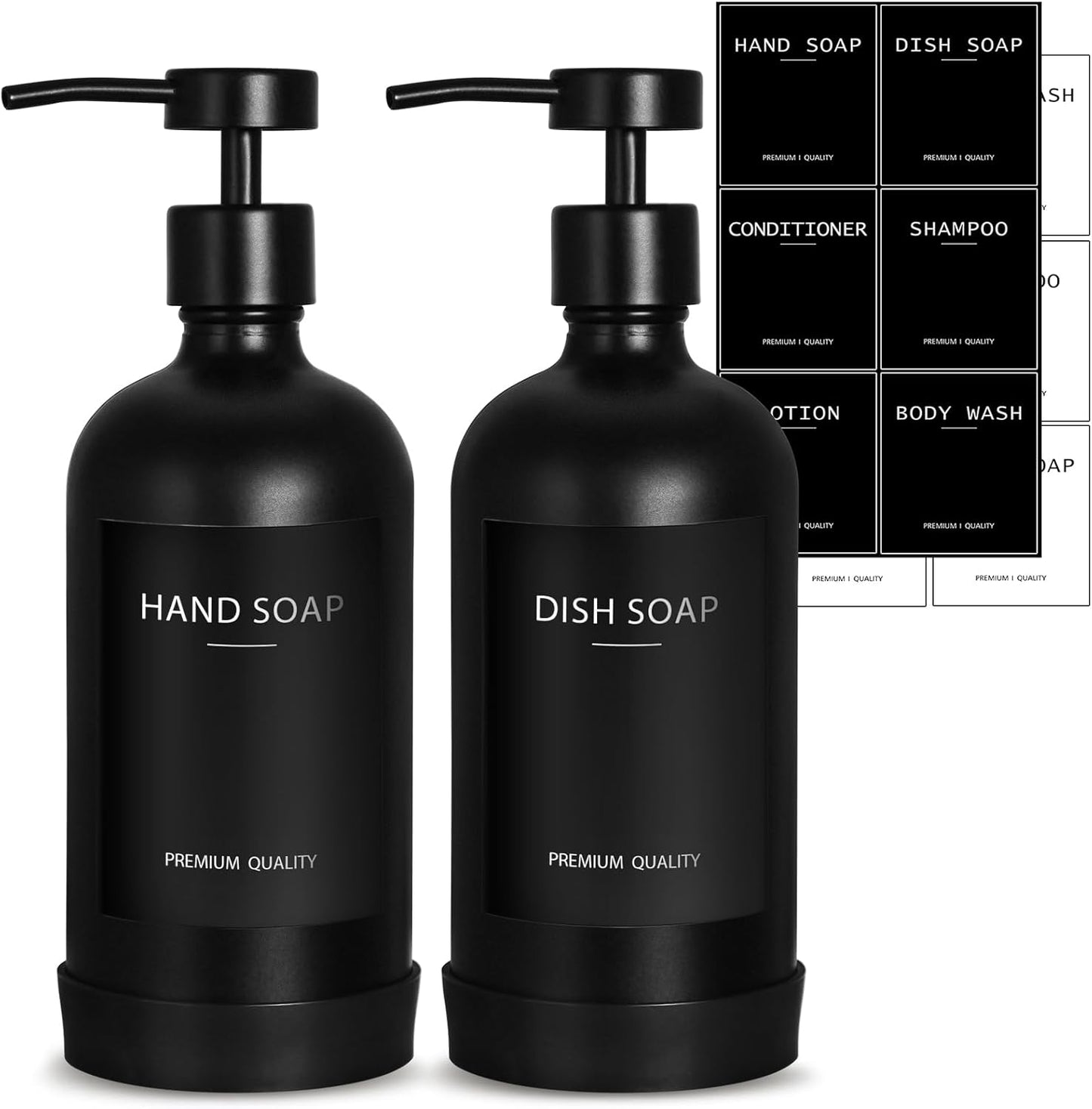 Black Glass Soap Dispenser with Stainless Steel Pump, 16.9 Fl oz Soap Dispenser Set for Kitchen