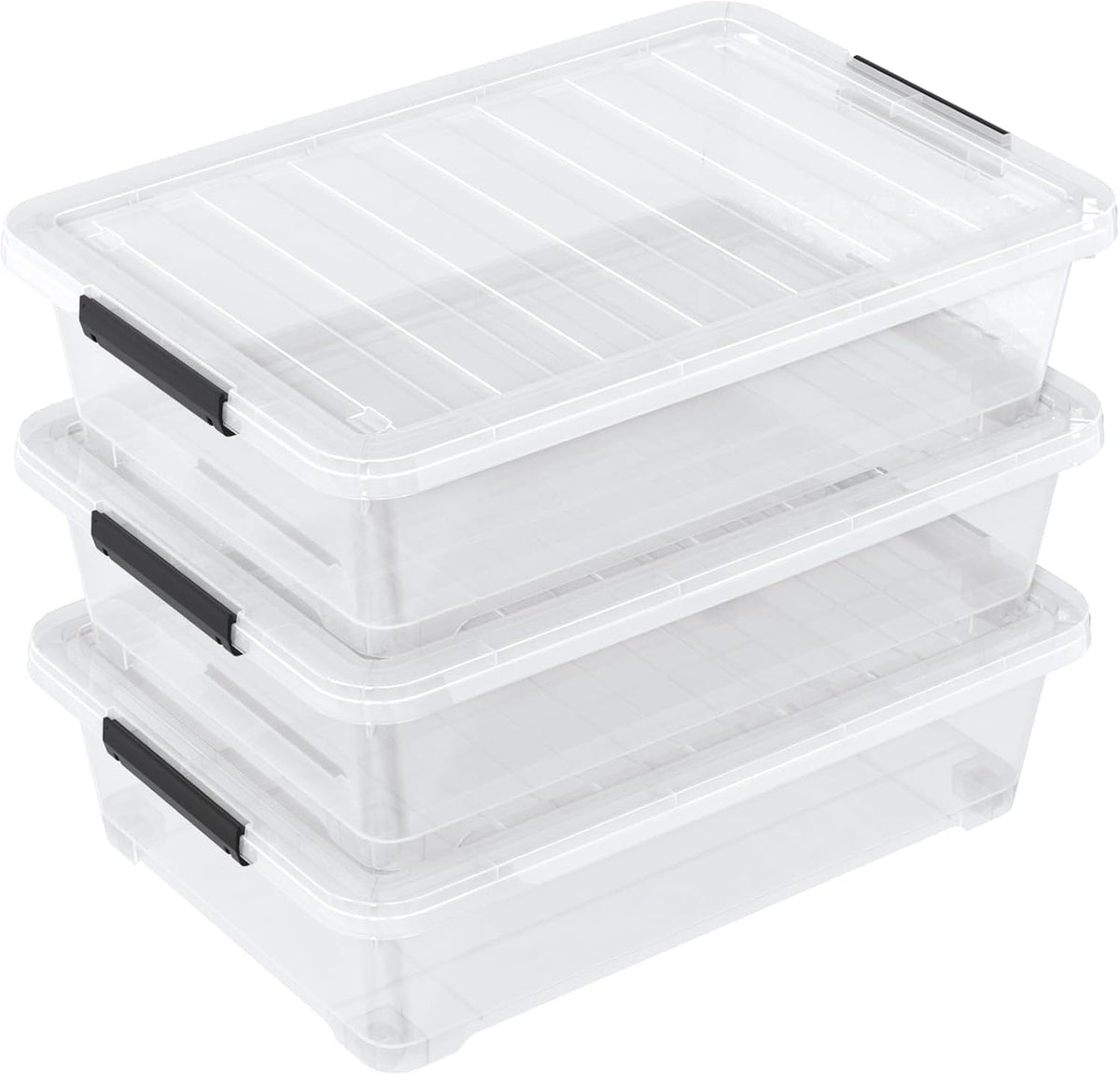 Set of 3 42 L Clear Plastic Under The Bed Storage Bins, Underbed Box with Latching Lid and Wheels