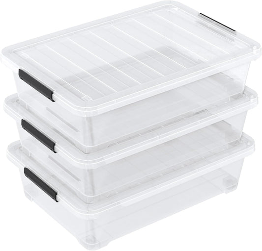 Set of 3 42 L Clear Plastic Under The Bed Storage Bins, Underbed Box with Latching Lid and Wheels