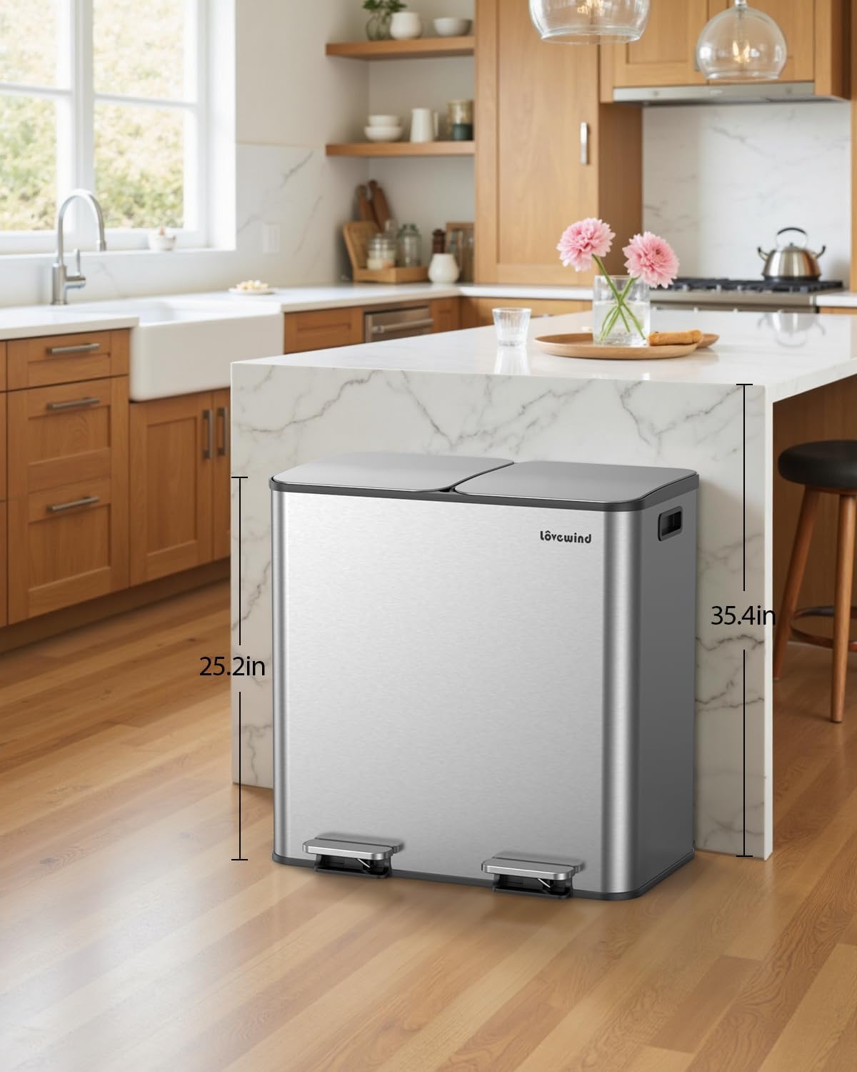 Lovewind Trash Can, 2 x 10.5 Gallon (2 x 40 L) Garbage Can for Kitchen Dual Compartment Recycling