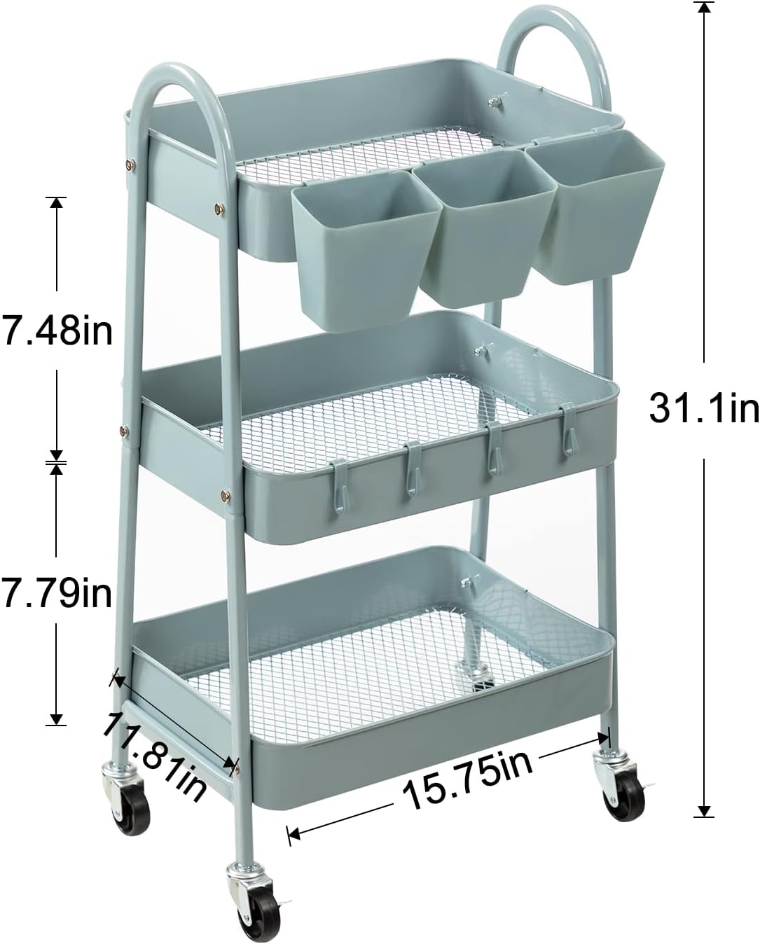 danpinera 3-Tier Rolling Cart, Metal Rolling Storage Cart with Lockable Wheels & Hanging Cups &