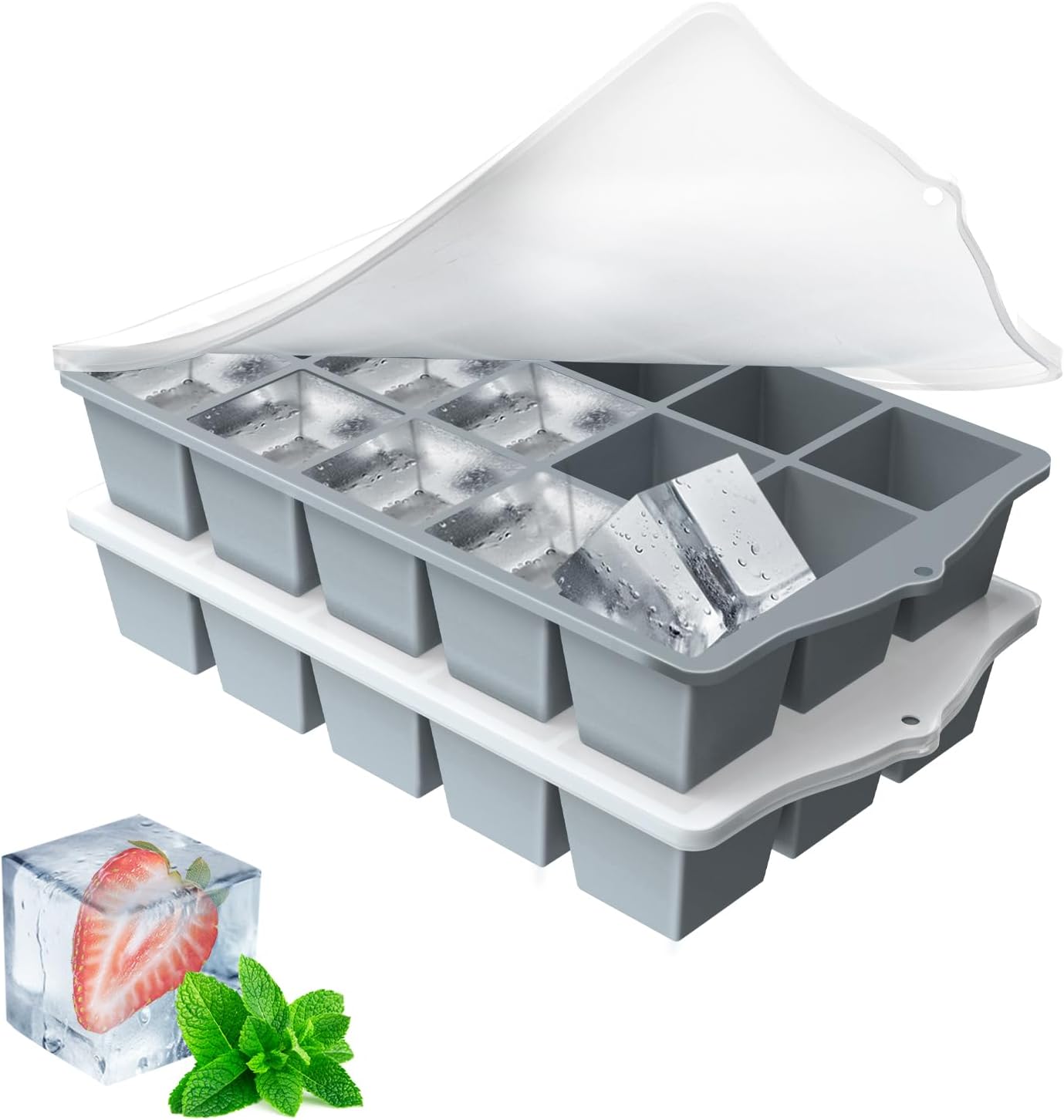 Silicone Ice Cube Tray, 2 Pack Easy-Release Stackable Ice Trays for Freezer with Lid 15 Reusable