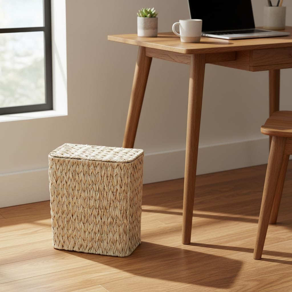 Wicker Trash Can with Lid and Liner,Boho Decotative Small Bathroom Trash Cans,Waterproof Slim Waste