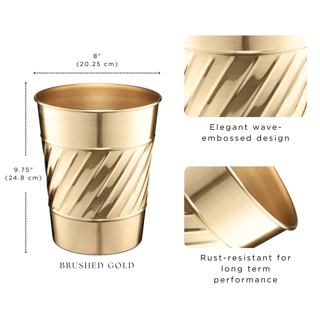 Monarch Abode Brushed Gold Handcrafted Wave Embossed Metal Wastebasket for Home Office, Decorative