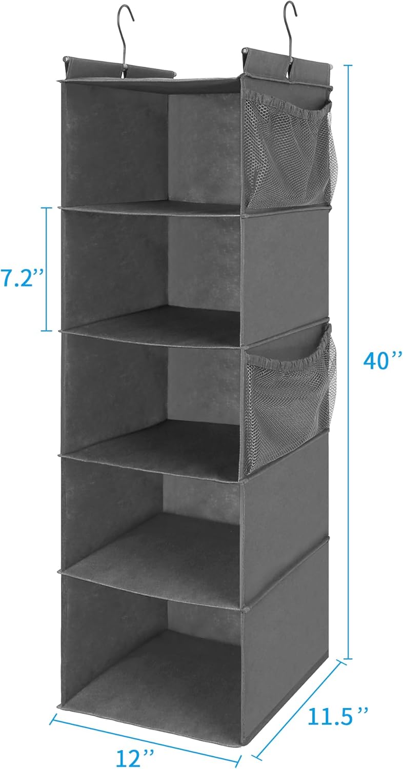 MAX Houser 5 Shelf Hanging Closet Organizer, Space Saver, Cloth Hanging Shelves with 4 Side