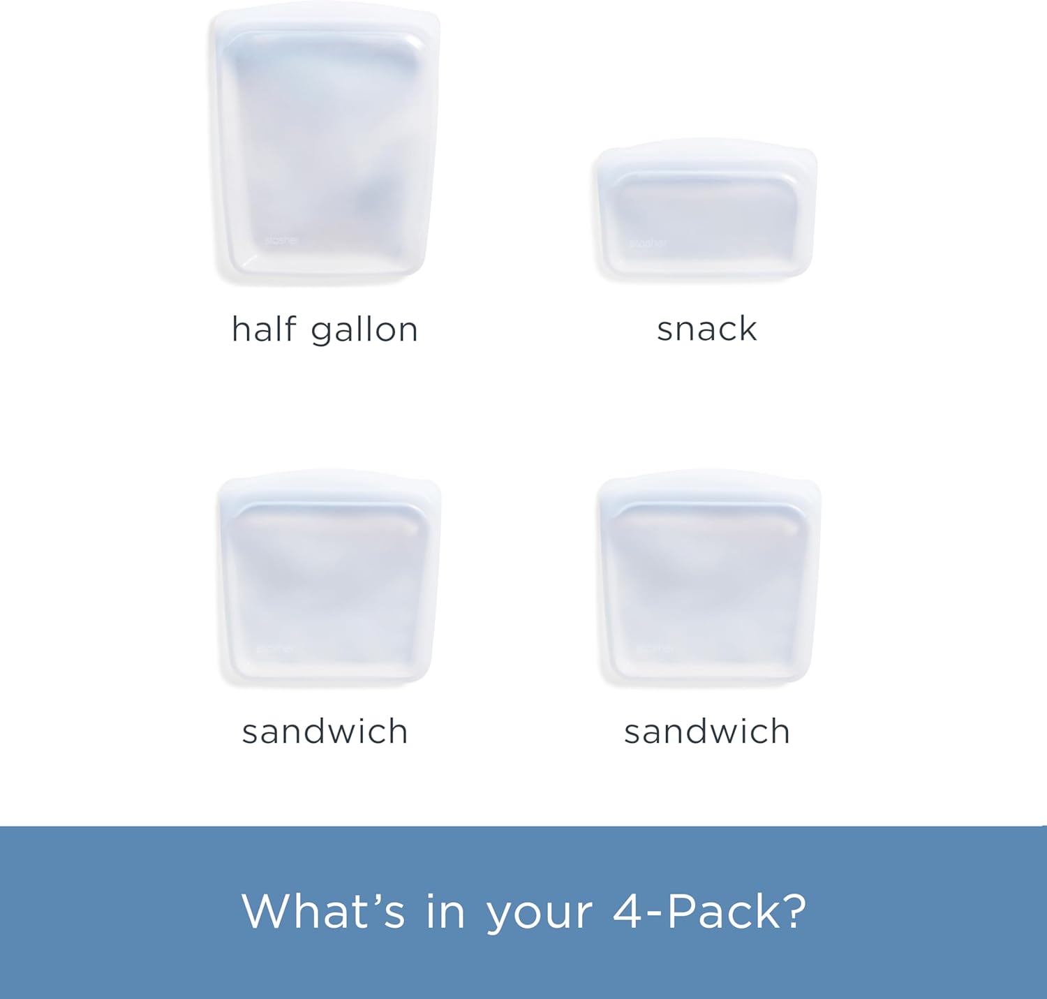 Stasher Premium Silicone Reusable Food Storage Bags, 4-Pack, Clear, Multi-Use Food Storage Bags