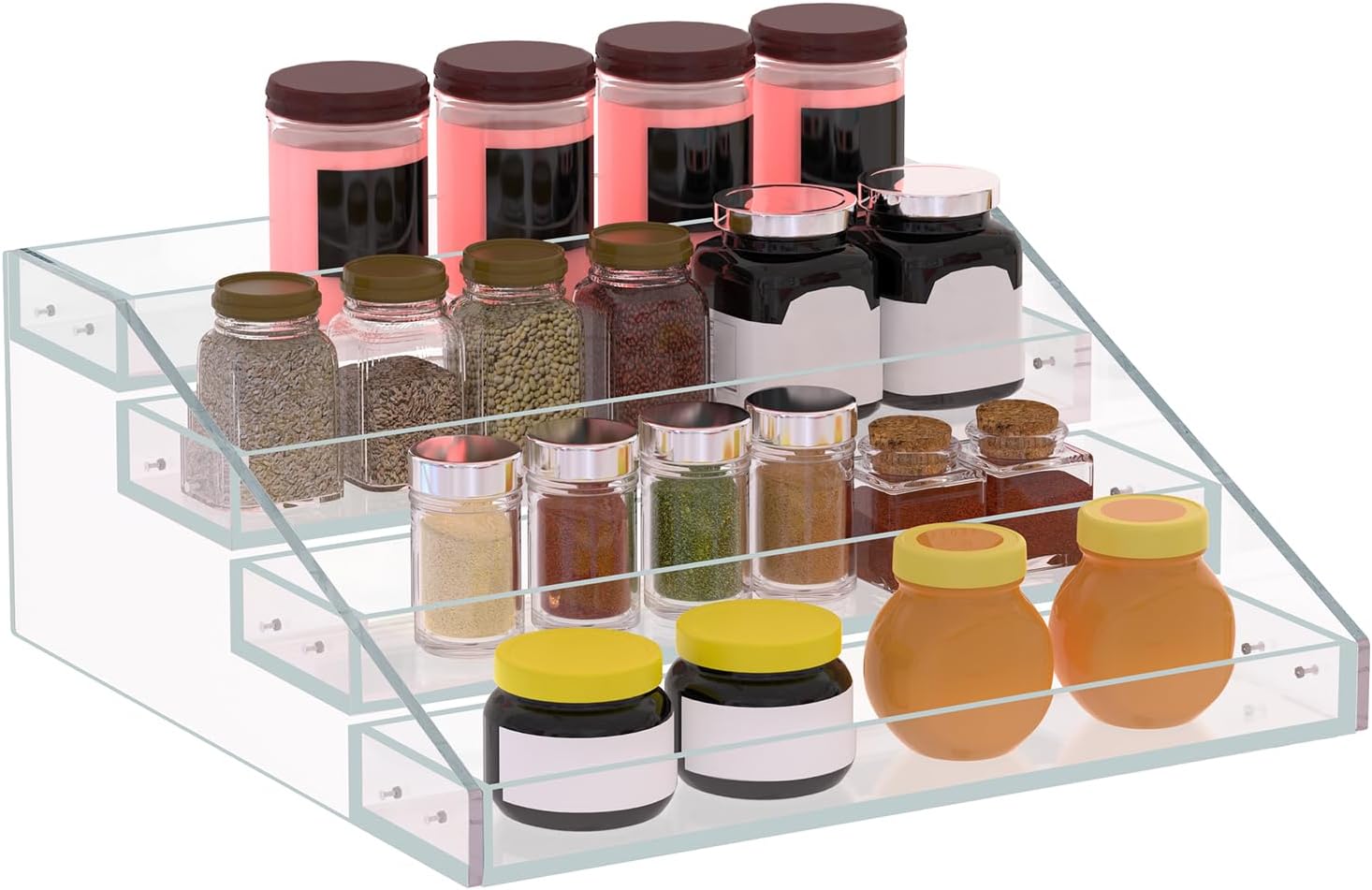 PMMASTO Widen Tiered Spice Rack, Seasoning Organizer, Clear Acrylic Vertical Shelves Can Organizer