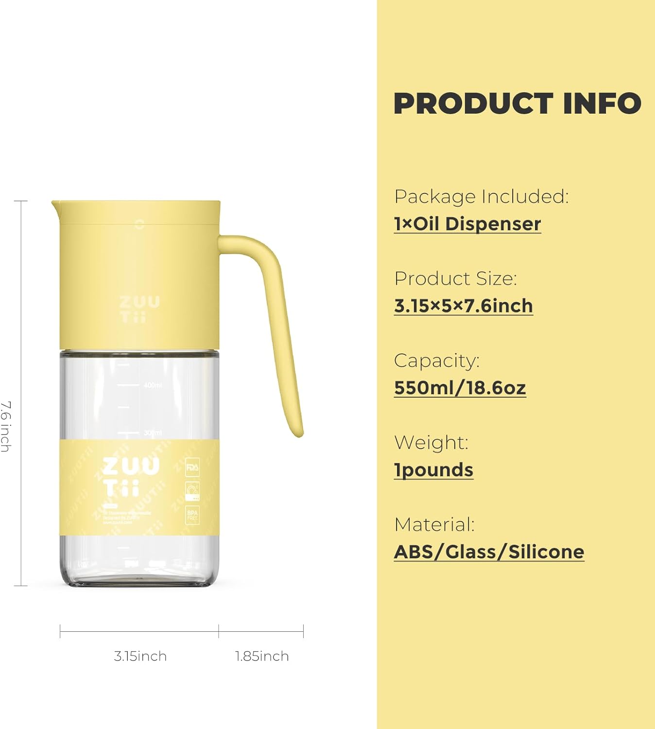 Zuutii Olive Oil Dispenser Bottle 18.6oz – Auto Flip Glass Vinegar Bottle with No-Drip Spout for