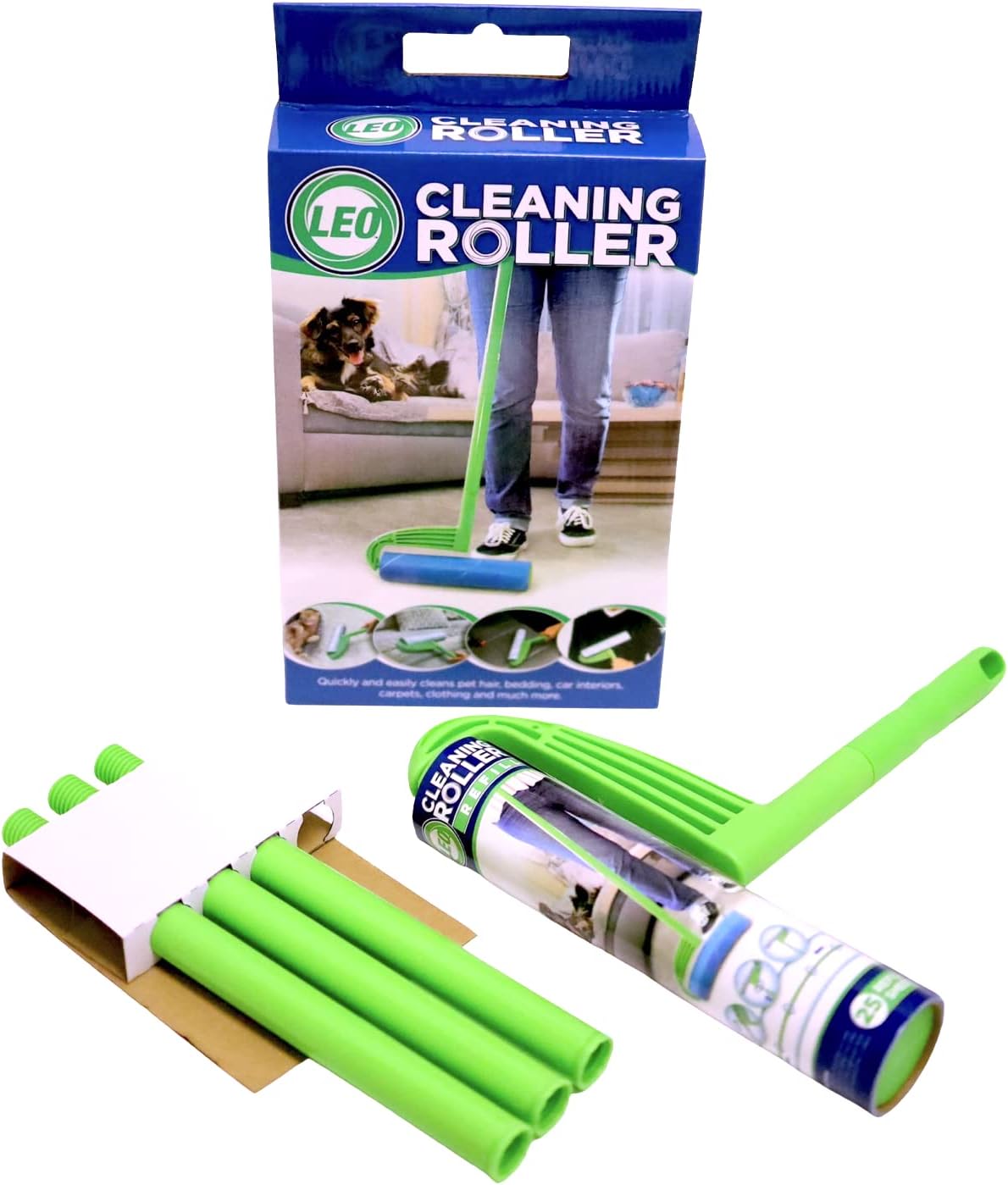 Leo 10-Inch Wide Lint Roller with Extendable Handle, Includes 1 Refill (25 Sheets), Extra Sticky