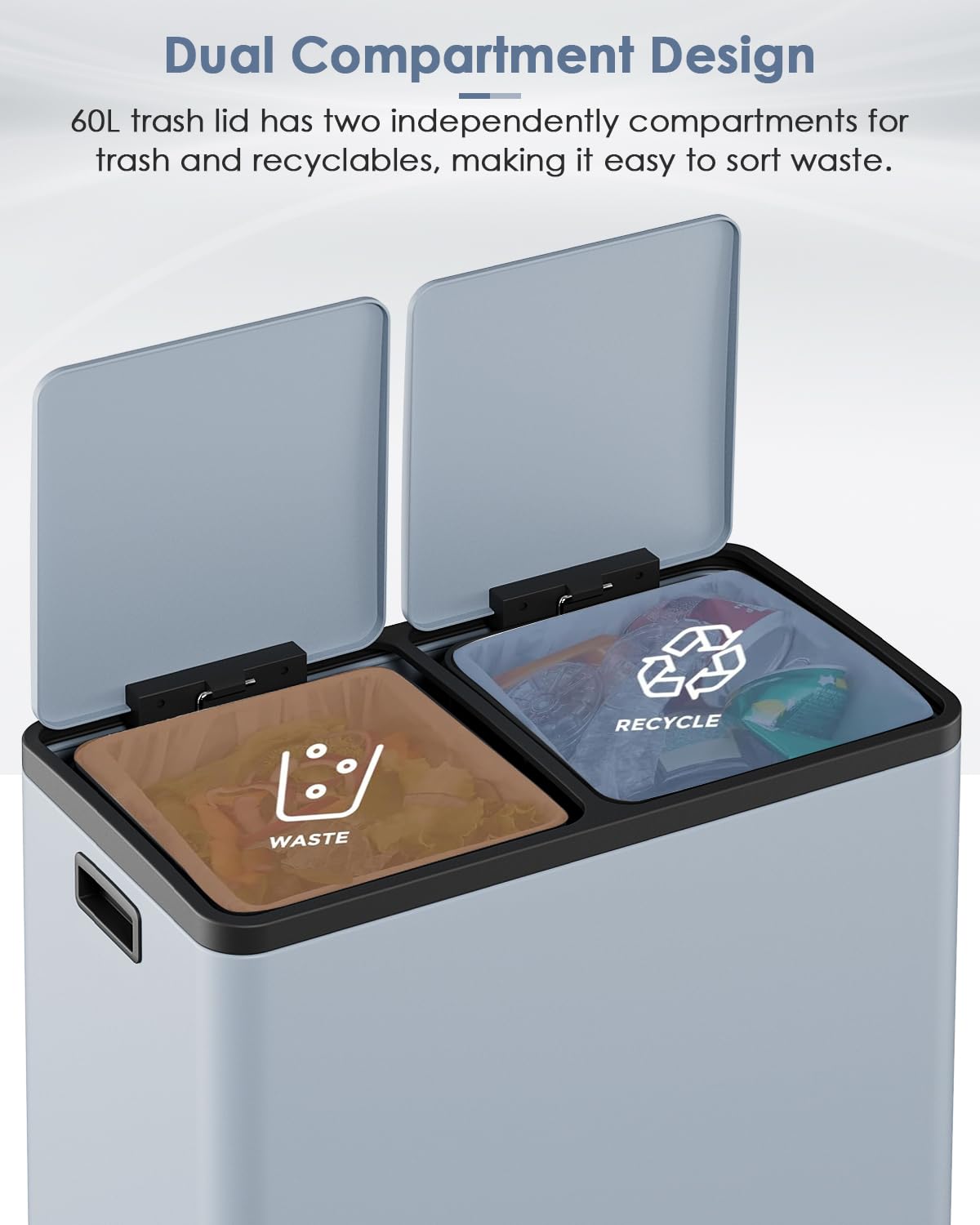 AthLike 60L(16 Gal) Dual Trash Can, Stainless Steel Kitchen Garbage Can, Double Compartment