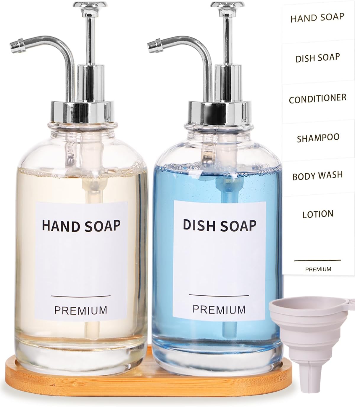 Dish Soap Dispenser for Kitchen, Hand Glass Soap Dispenser Set with Pump, Tray, Funnel for