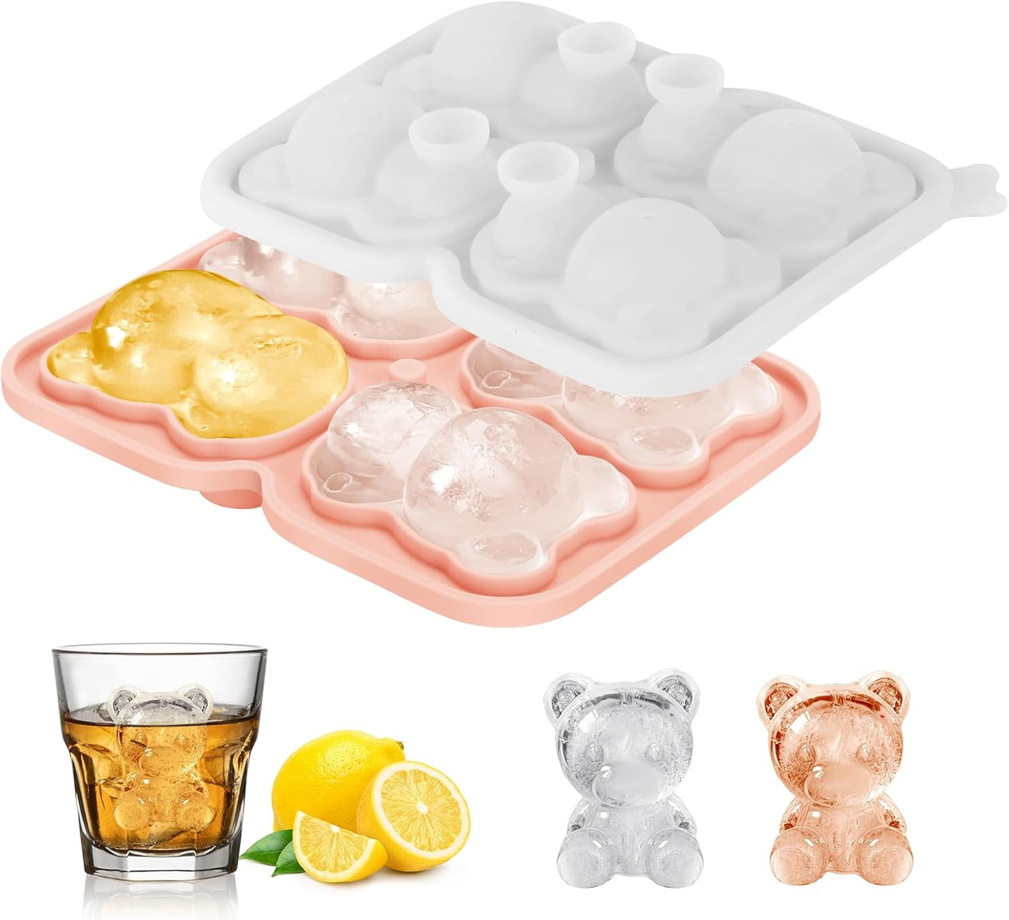 Silicone Ice Cube Tray,Bear 3D Large Ice Cube Molds for Whiskey,Cocktails,Wine,Juice and Bourbon,4