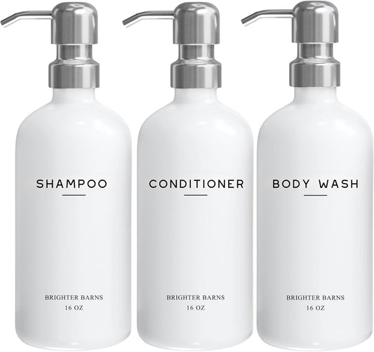 White Shampoo and Conditioner Dispenser Set by Brighter Barns - Shower Dispenser for Bathroom