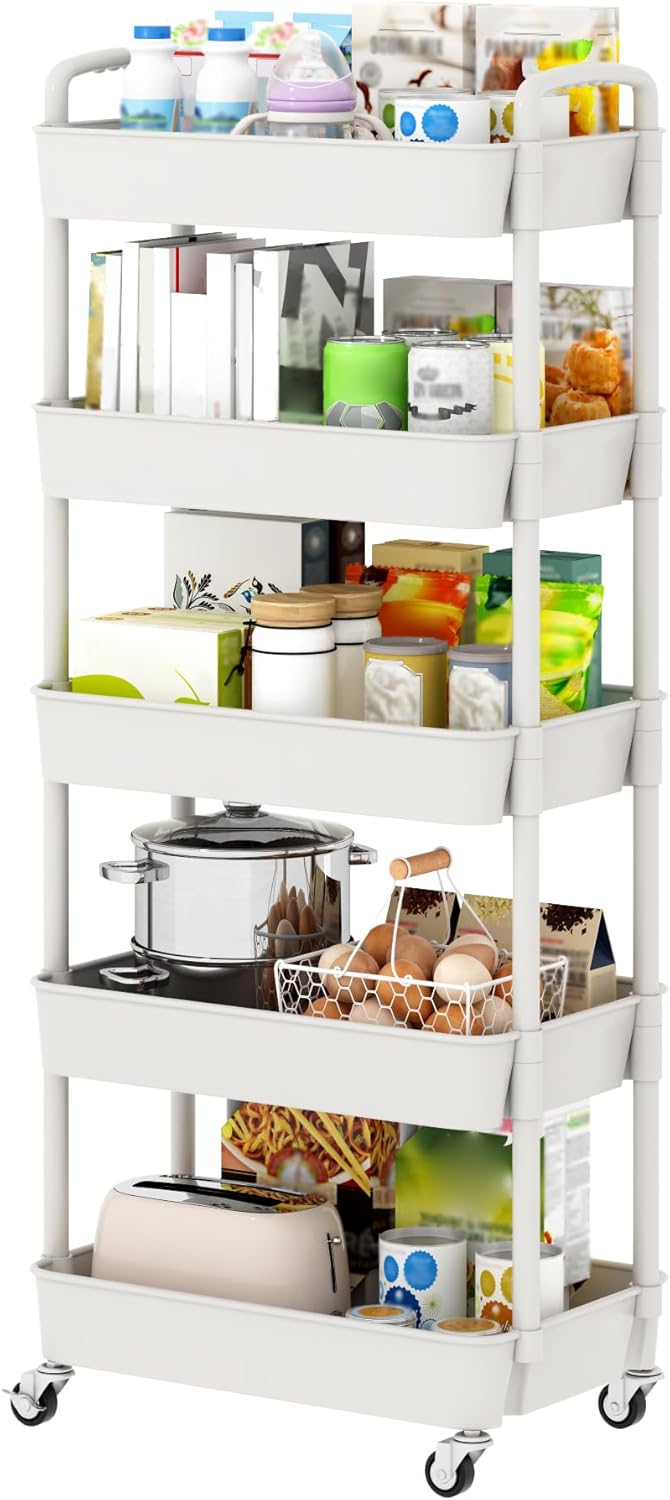 Sywhitta 5-Tier Plastic Rolling Utility Cart with Handle, Multi-Functional Storage Trolley for