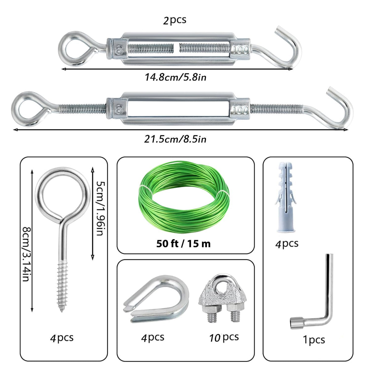 M6 Turnbuckles for Cables Wire, 3/16" Green PVC Coated Wire Rope Kit, Multi-use Steel Cable for