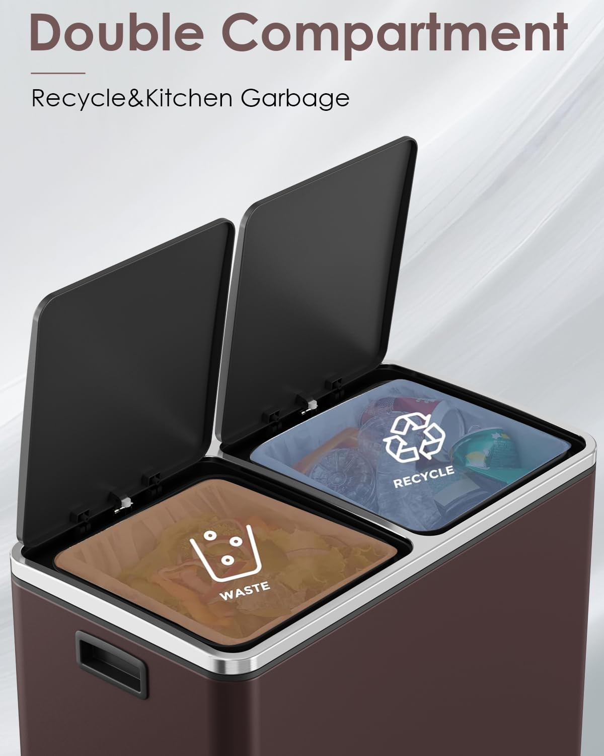 Arlopu 16 GallonStainless Steel Trash Can, 60L Dual Compartment, Metal Kitchen Step Recycle Bin