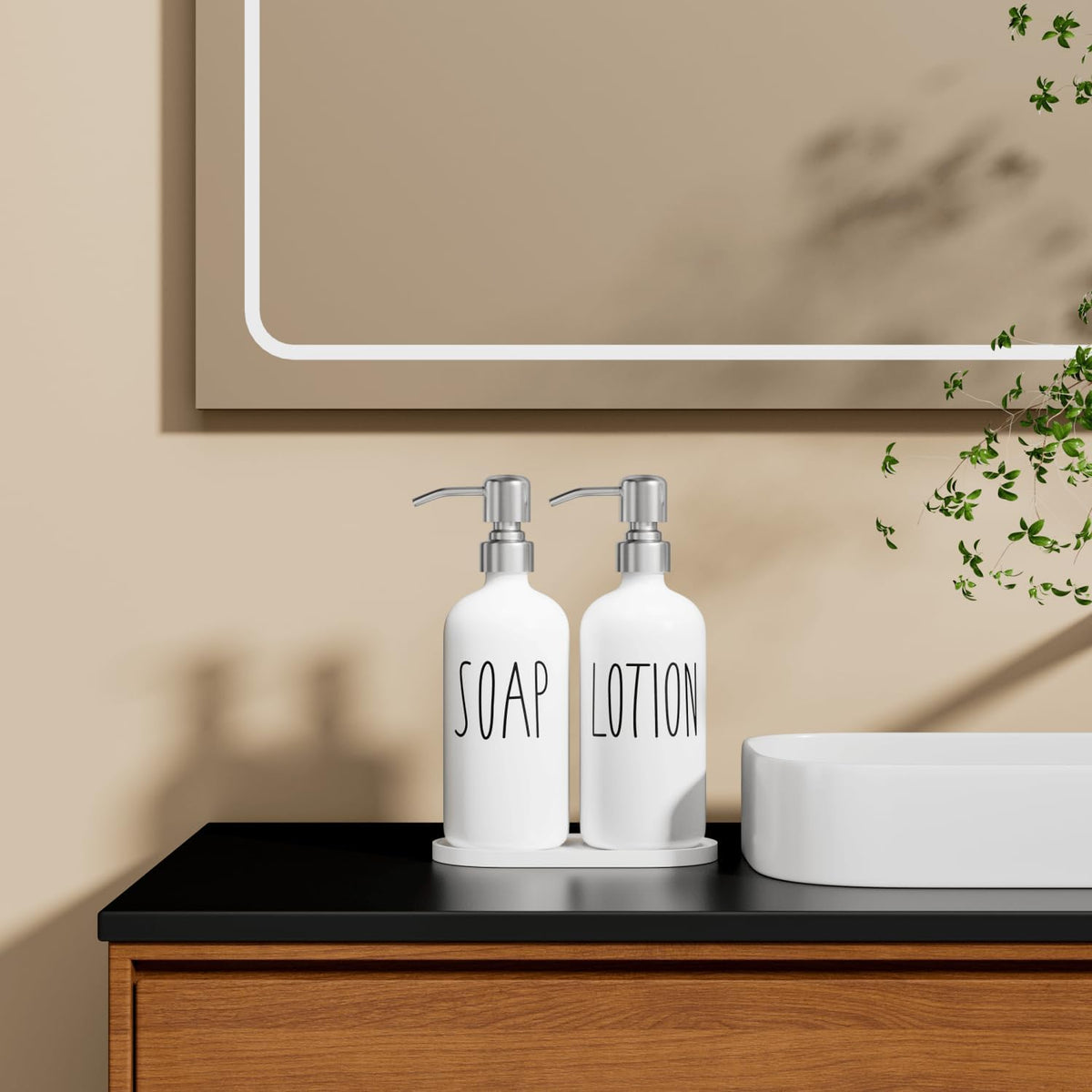 MOMEEMO Hand Soap Dispenser for Bathroom, Soap and Lotion Dispenser Set with Silver Metal Pump
