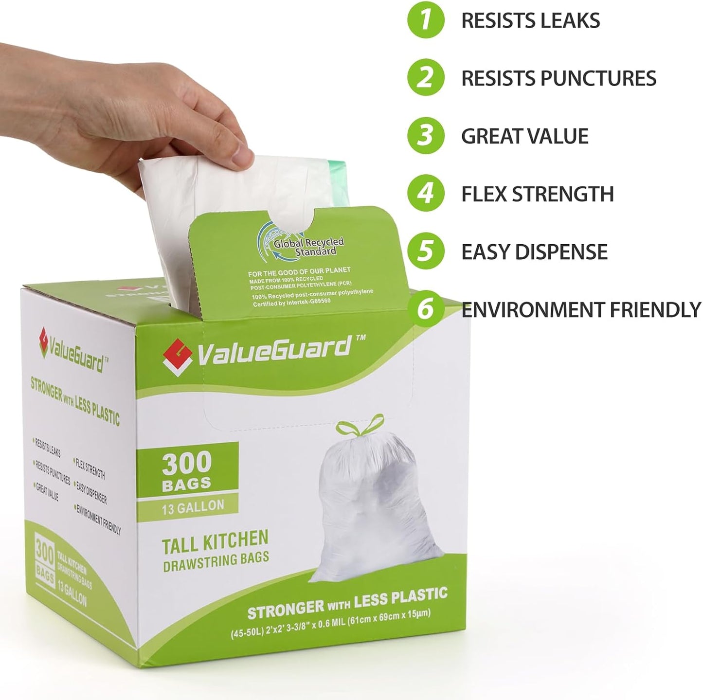 Large Trash Bags 13 Gallon Tall Drawstring 100% Post-Consumer Recycled Garbage Bag Waste Bag for