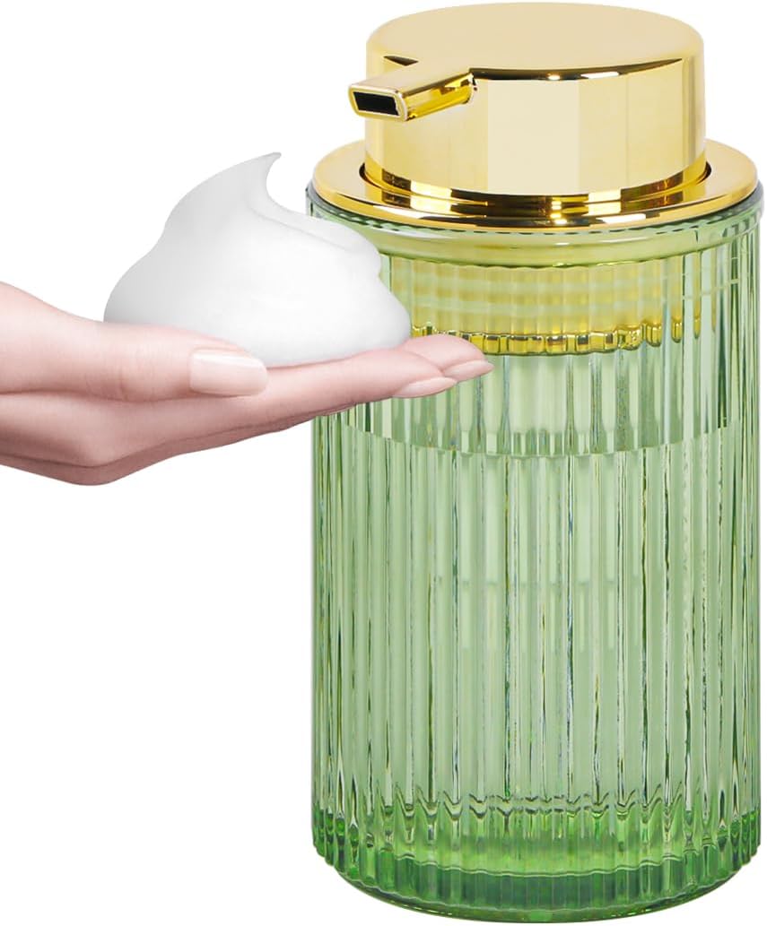 Green Foaming Soap Dispenser, Glass Foam Hand Soap Dispenser with Gold Pump, 12 Oz Bathroom