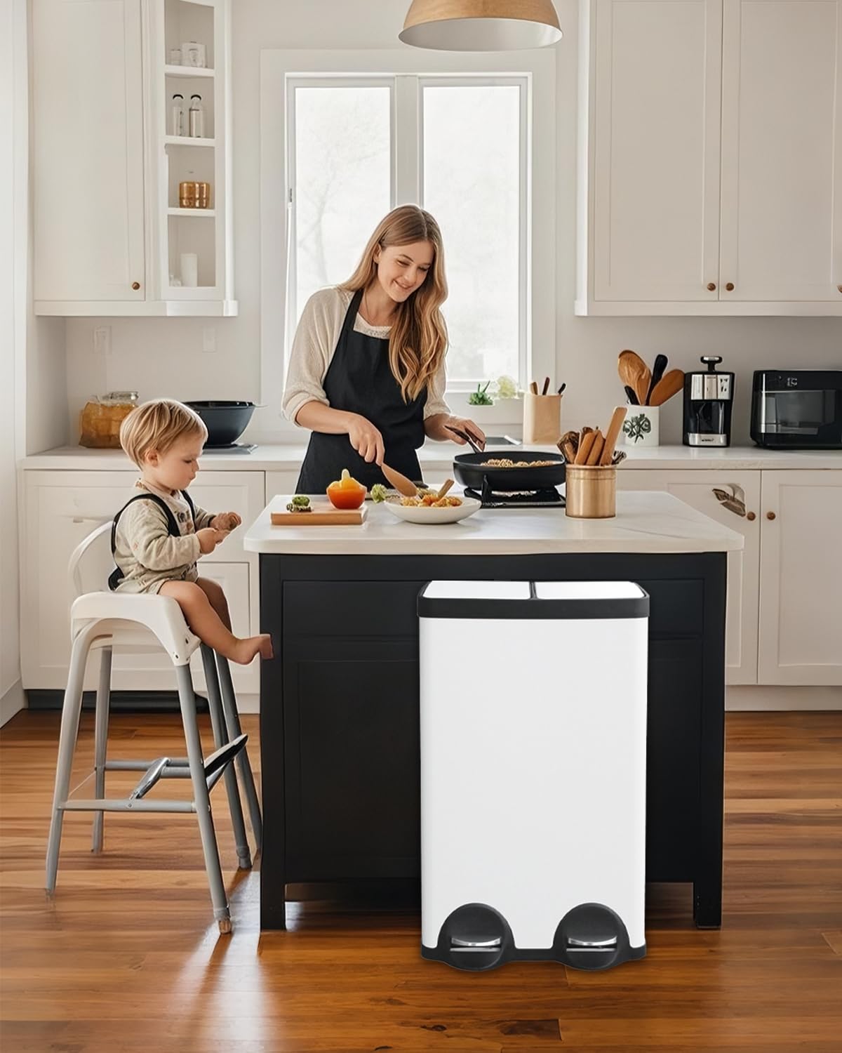 Dual Compartment Stainless Steel Trash Can, 16 Gallon / 60 Liters White Kitchen Garbage Bin with