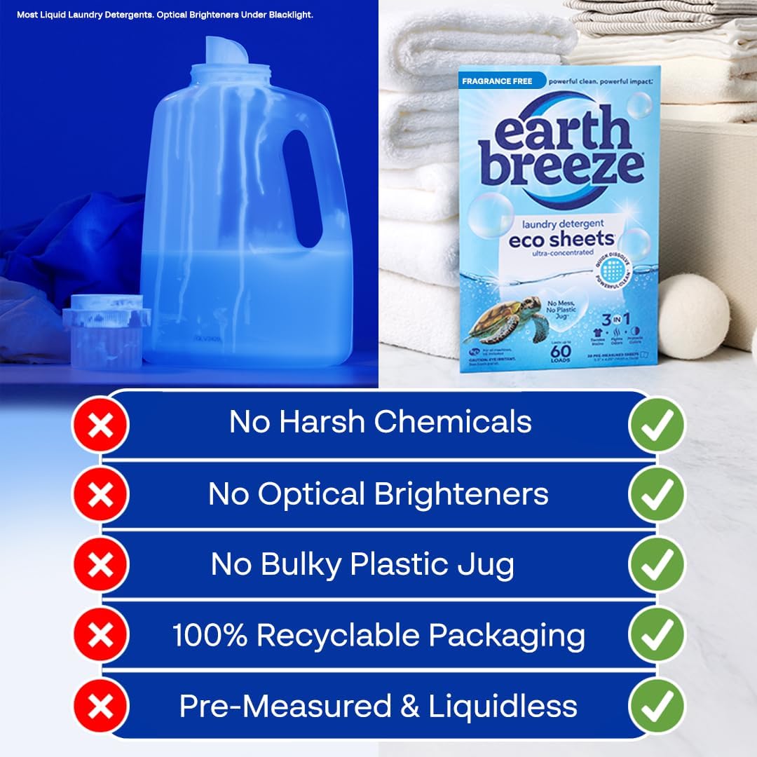 Earth Breeze Laundry Detergent Sheets Fragrance-Free - 180 Loads Eco Liquidless Soap