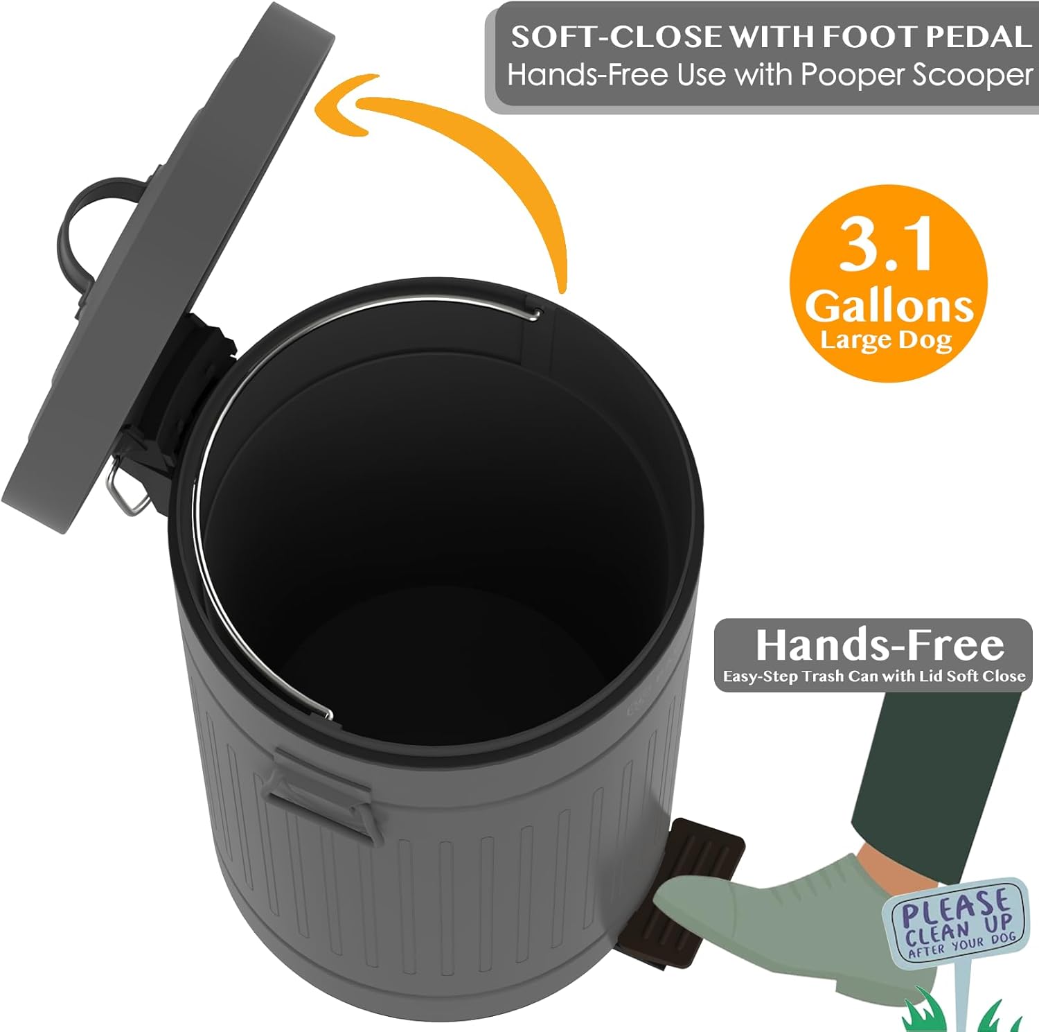 PAWZIDEA Dog Poop Trash Can Outside Odor Control, 3.1Gallon Large Pet Poop Can Outdoor with Lid No