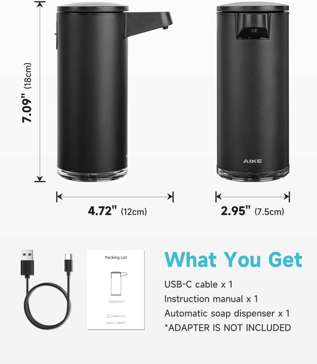 AIKE SensePro Automatic Soap Dispenser Type-C Rechargable, Stainless Matte Black Coating 12.8