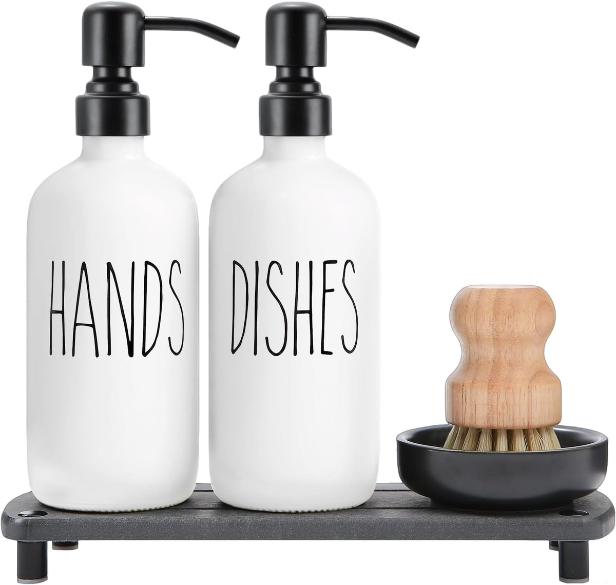 MOMEEMO White Soap Dispenser Set Comes with Stainless Pumps, Black Instant Dry Tray, and Dish Scrub