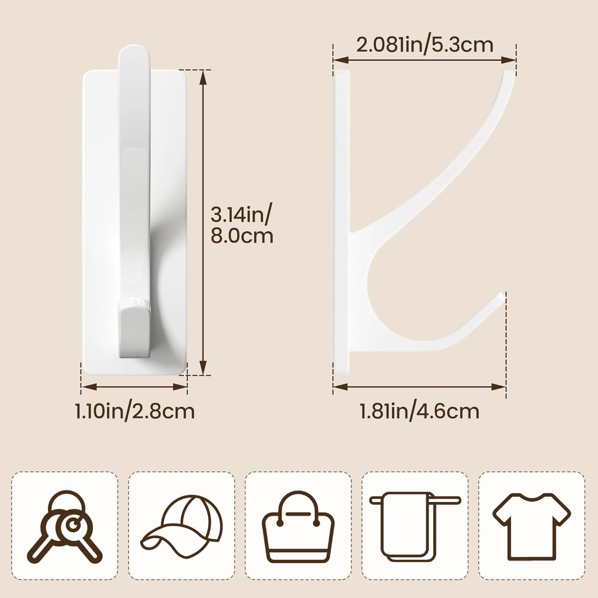 Self Adhesive Coat Hooks for Hanging, Heavy Duty Stainless Double Wall Hook for Towel, Backpack