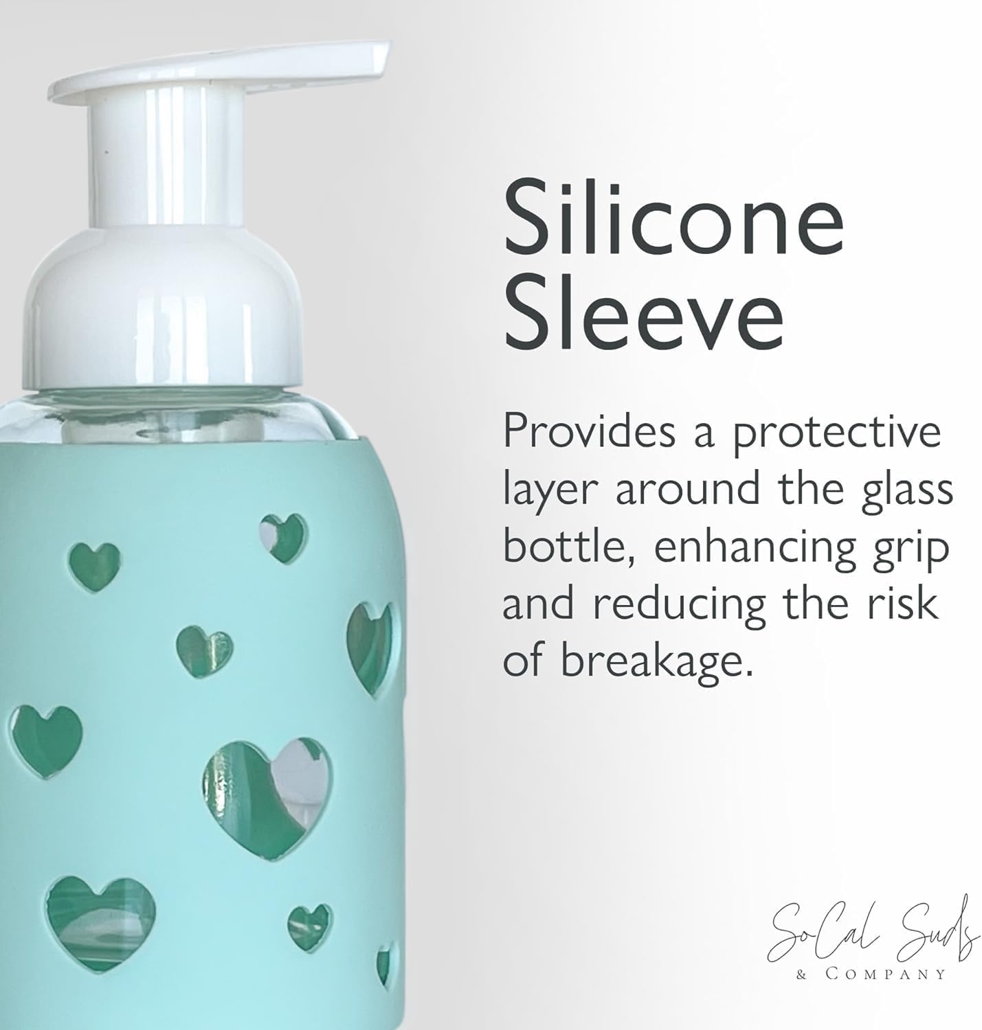 SoCal Suds & Company Glass Foaming Hand Soap Dispenser, Heart Silicone Sleeve, Refillable Pump