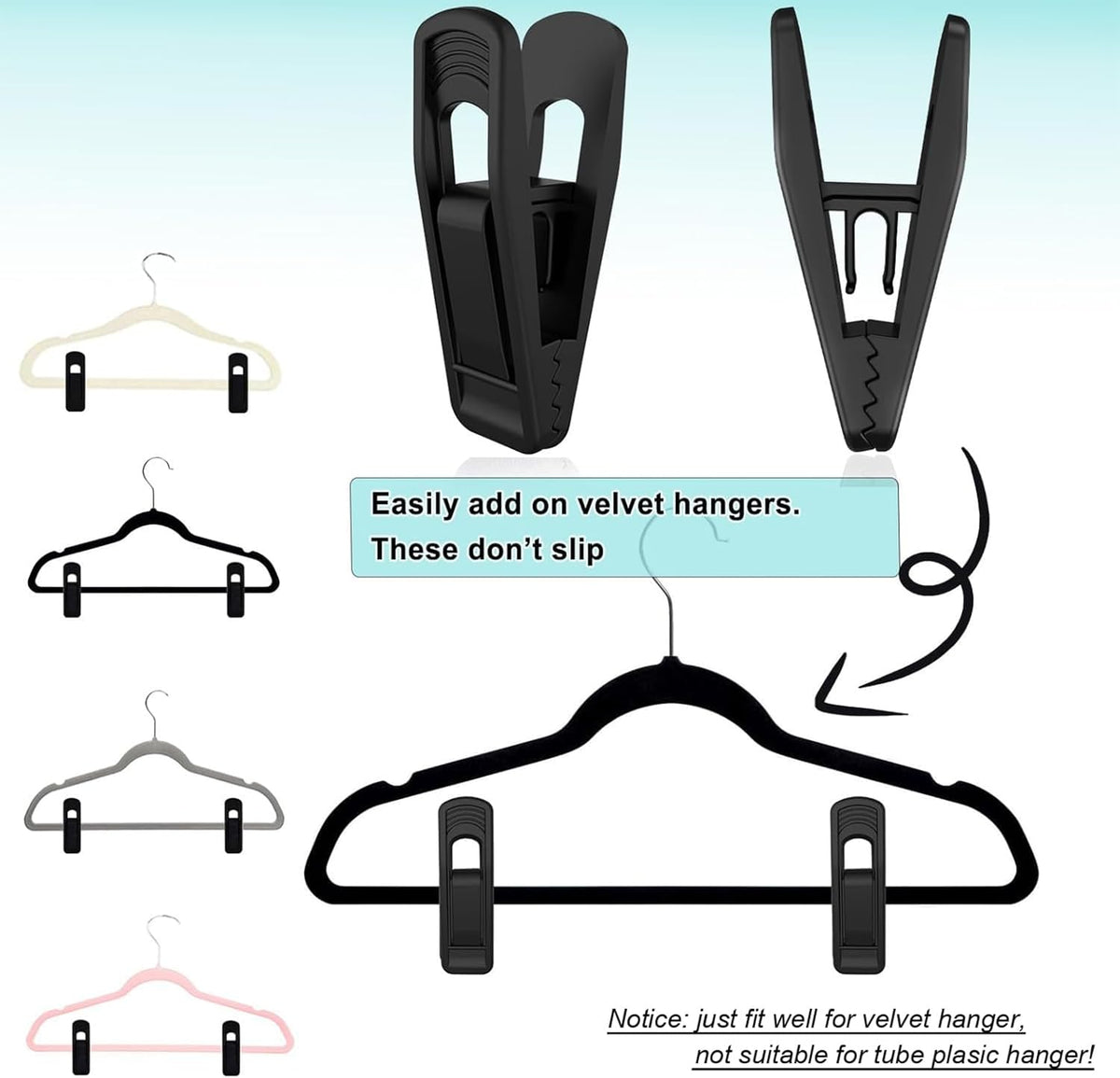 Hanger Clips Perfect for Velvet Hangers (Black, 40 PCS), Non-Slip Plastic Clips Pant Skirt Hanger