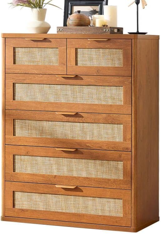 LEYAOYAO Rattan Dresser for Bedroom, 42" Tall Chest of Drawers, Modern 6 Drawers Boho Dressers with