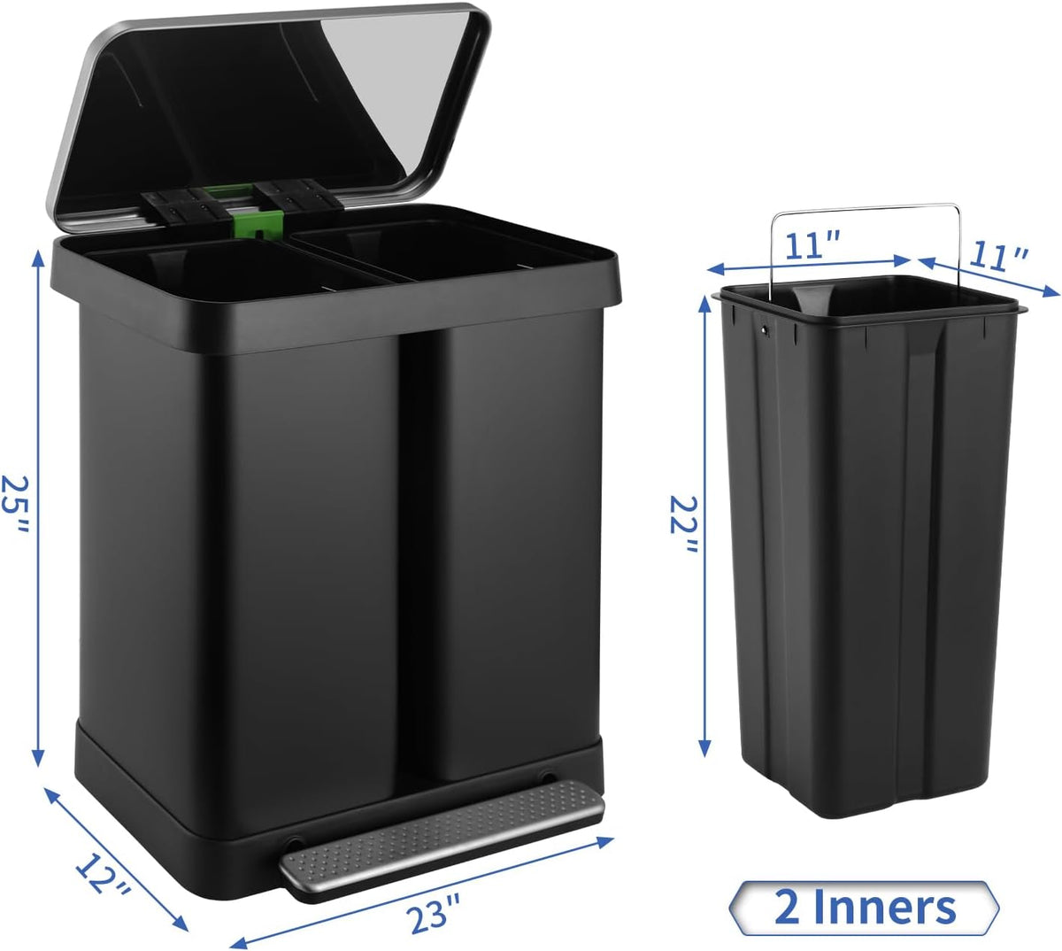16 Gallon Dual Compartment Trash Can, Hands-Free Recycling Rectangular Garbage Bin, Stainless Steel