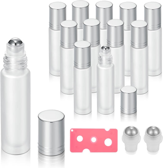 12 Pack Essential Oil Roller Bottles,10ml 0.34oz Empty Frosted Glass Roller Bottles with Stainless