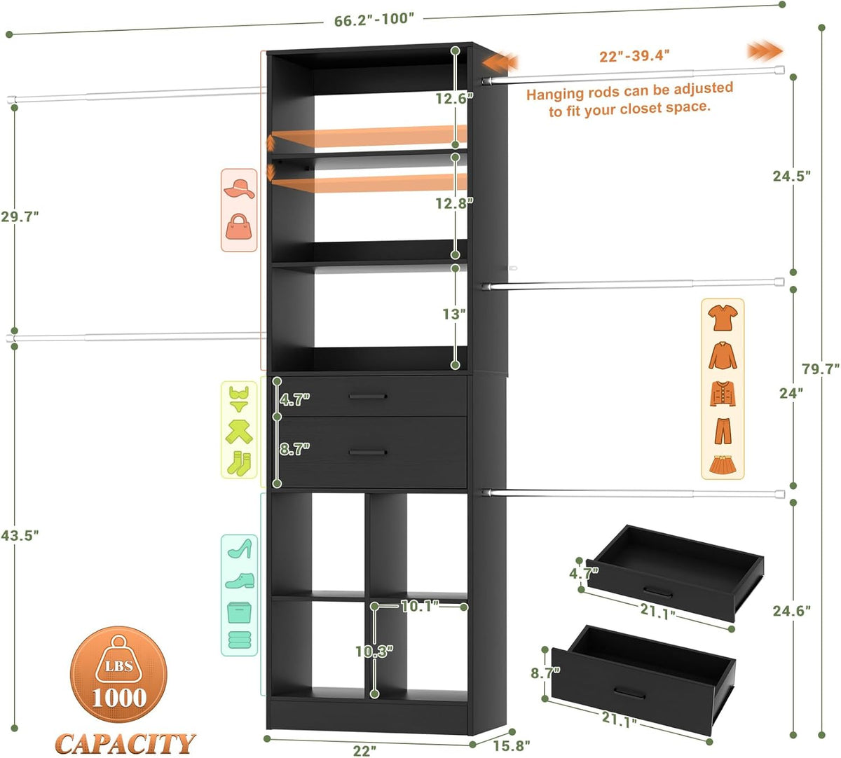 Closet System, 4-8 FT Closet Organizer Tower with 2 Wooden Drawers and Shelves, Can Fit 60 to 96