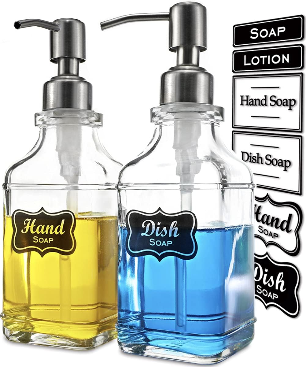 JASAI 2Pack Antique Design Glass Soap Dispenser with Rust Proof 304 Stainless Steel Pump