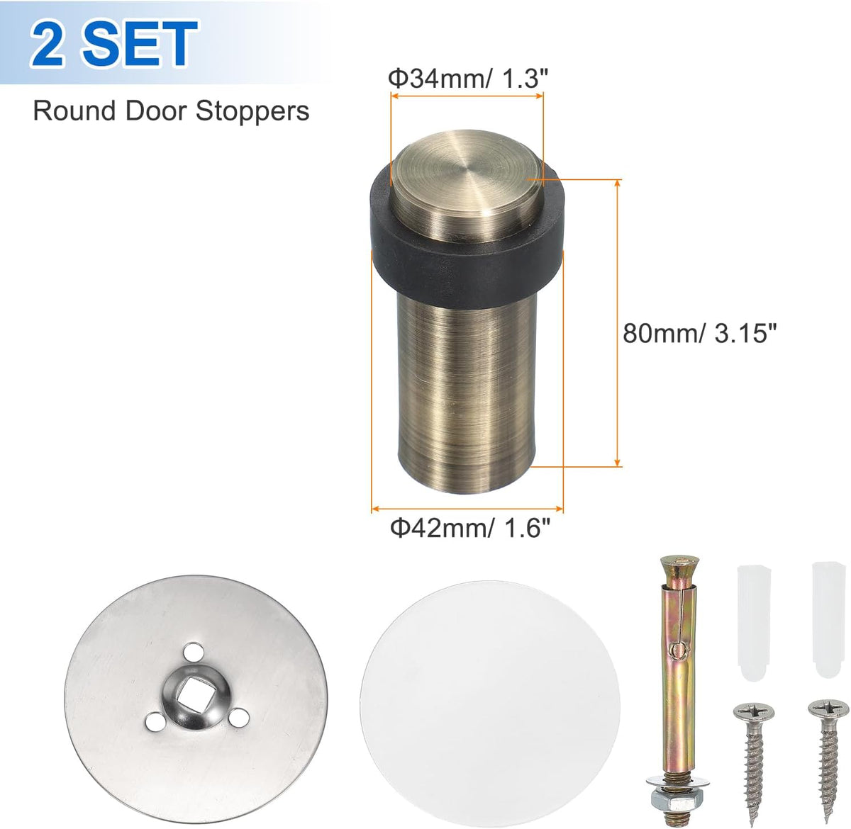 PATIKIL 2Set Round Door Stoppers, 80mm Stainless Steel Door Stop Doorstop Wedge Metal Cylinder Self