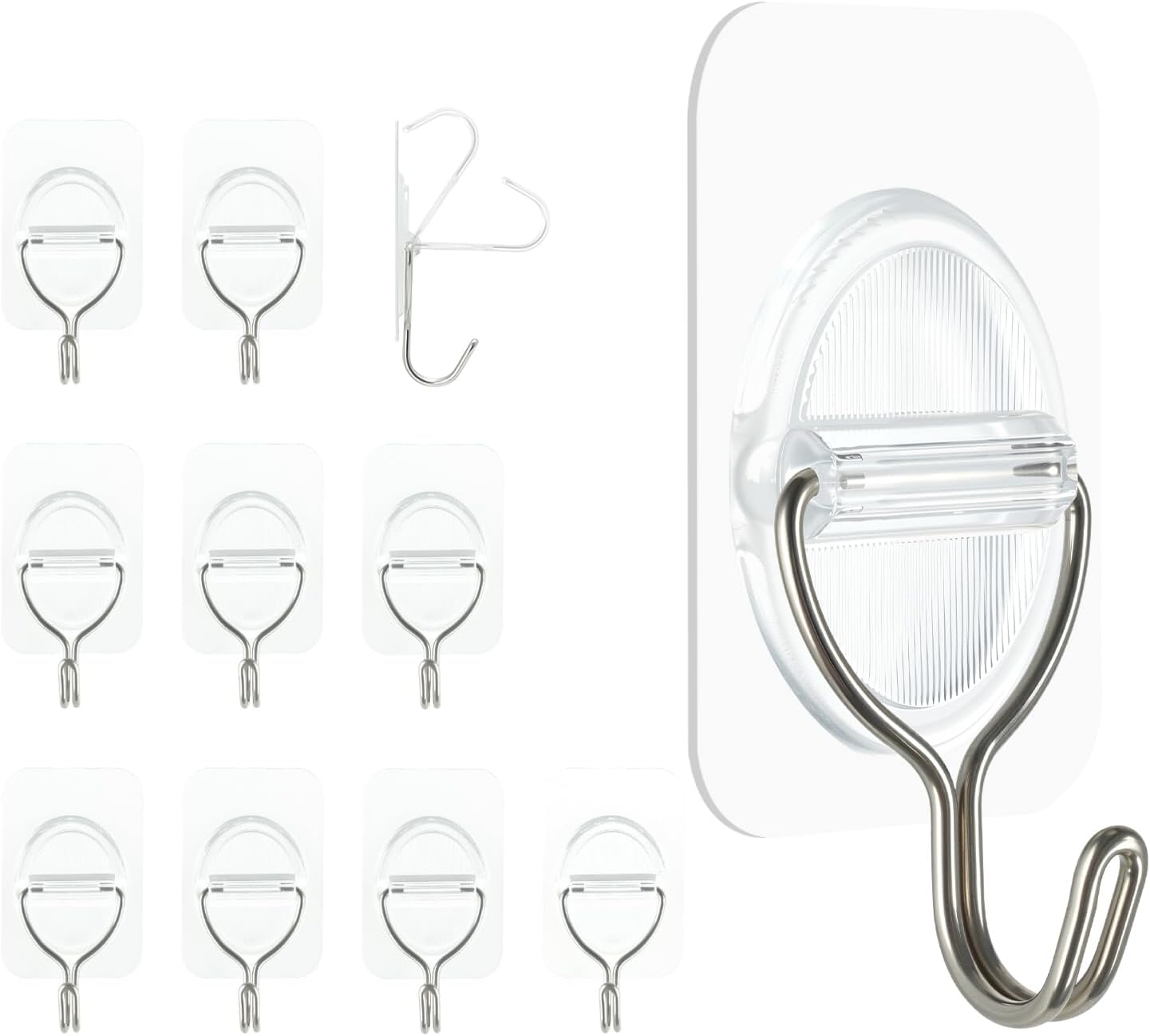 Adhesive Wall Hooks No Damage, Stick On Hooks for Hanging 10 Pack - Transparent Stainless Steel 5KG