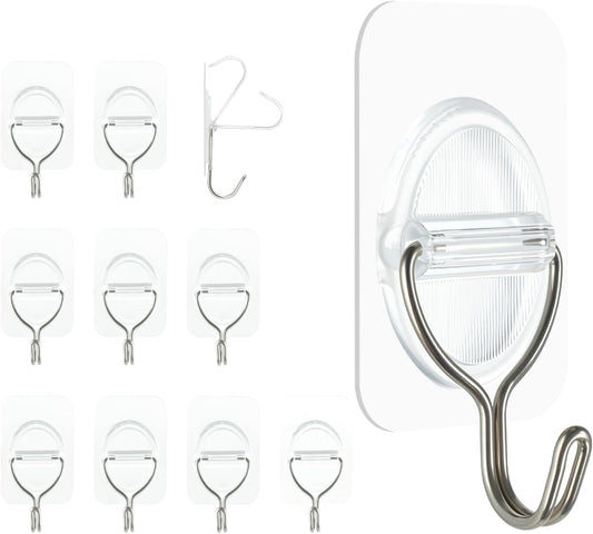 Adhesive Wall Hooks No Damage, Stick On Hooks for Hanging 10 Pack - Transparent Stainless Steel 5KG