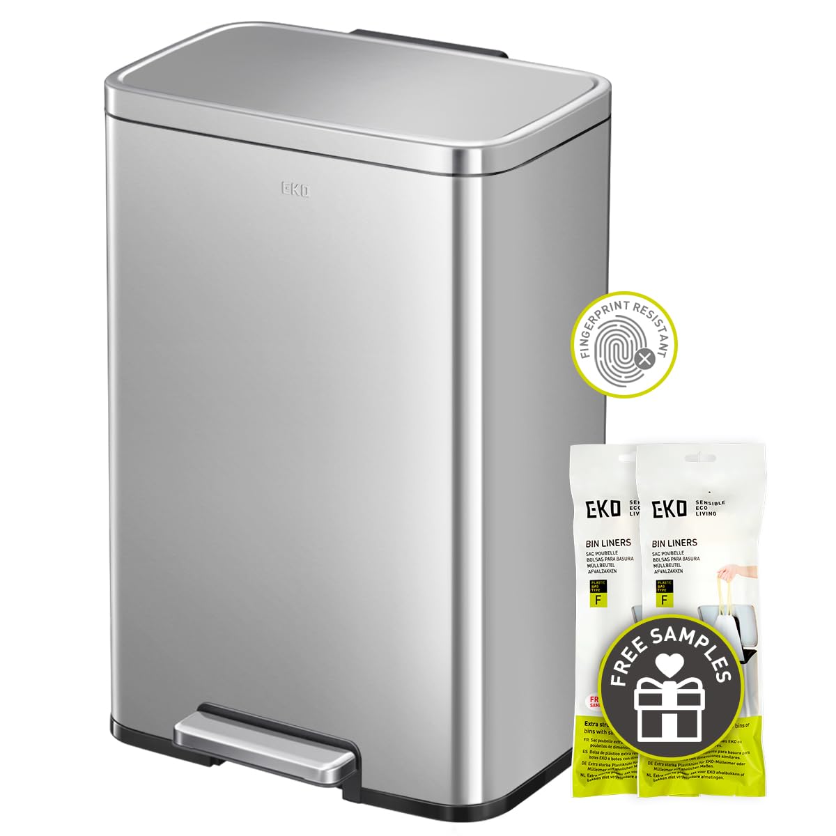 EKO Madison Matte Stainless 50 Liter/13.2 Gallon Step Trash Can w/Inner Liner - Fingerprint