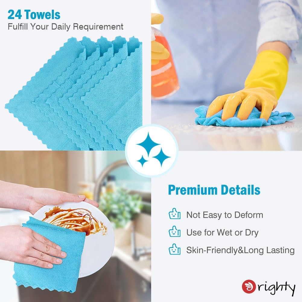 Orighty Cleaning Cloths 12x12 inch, Pack of 24, Highly Absorbent Microfiber Cleaning Supplies, Lint