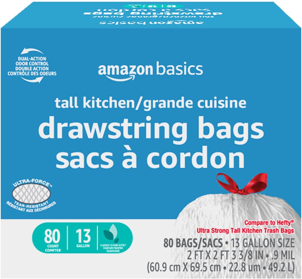 Amazon Basics Ultra-Force Tall Kitchen Drawstring Trash Bags, Classic Clean Scented, 13 Gallon, 80