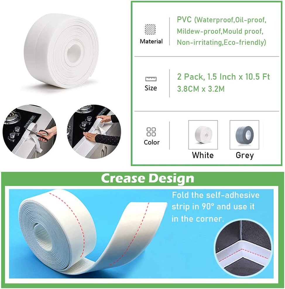 2 Pack Caulk Strip, 1.5" x 10.5Ft PVC Self Adhesive Caulk Tape, Sealing Waterproof Silicone Tape