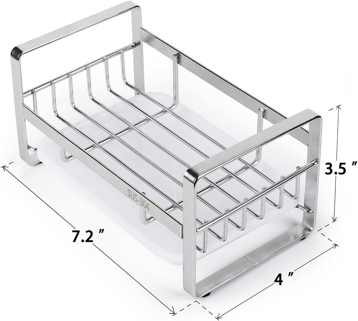 HULISEN Kitchen Sink Sponge Holder, 304 Stainless Steel Kitchen Soap Dispenser Caddy Organizer
